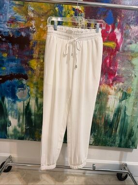 Women's White Elastic-Waist Drawstring Joggers